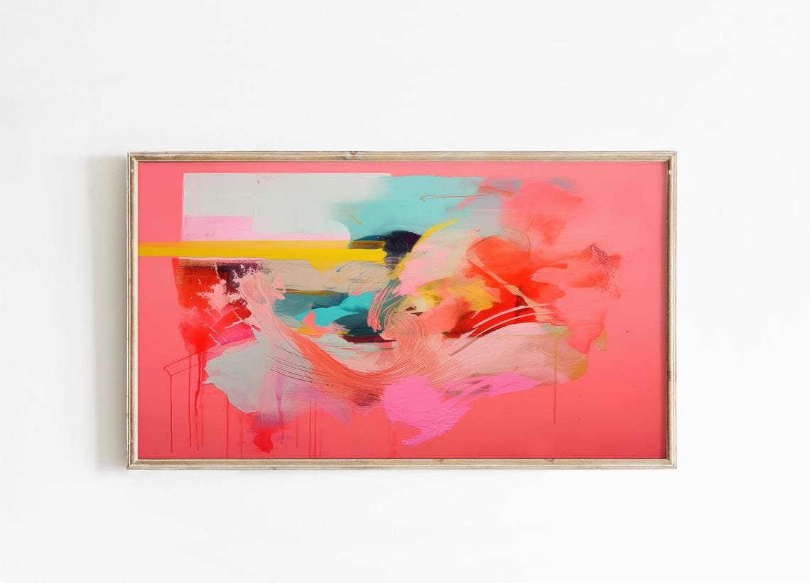 Coral Pink Abstract Painting With Vibrant Red Teal Swirls Poster