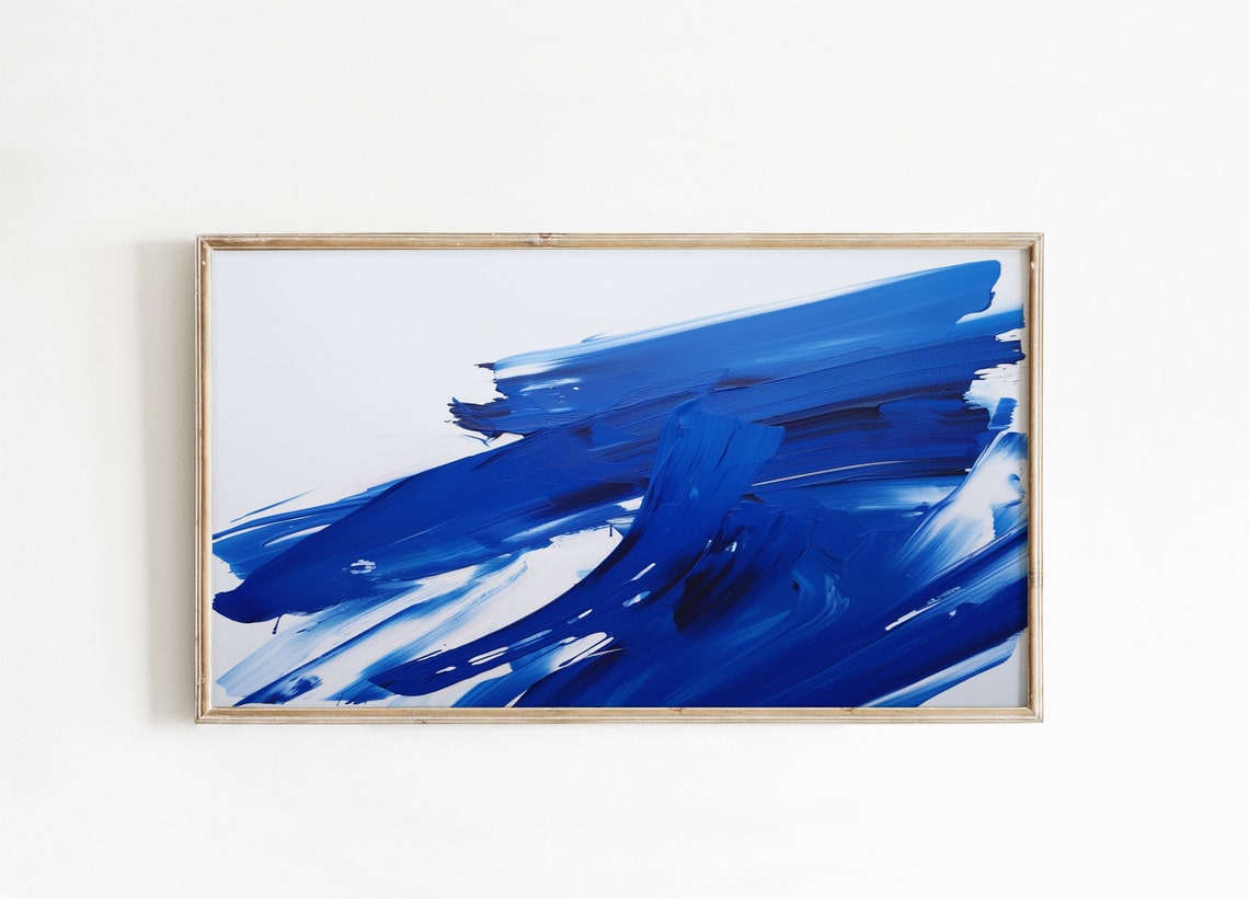 Bold Blue Brushstroke Abstract Painting Minimalist White Wall Poster