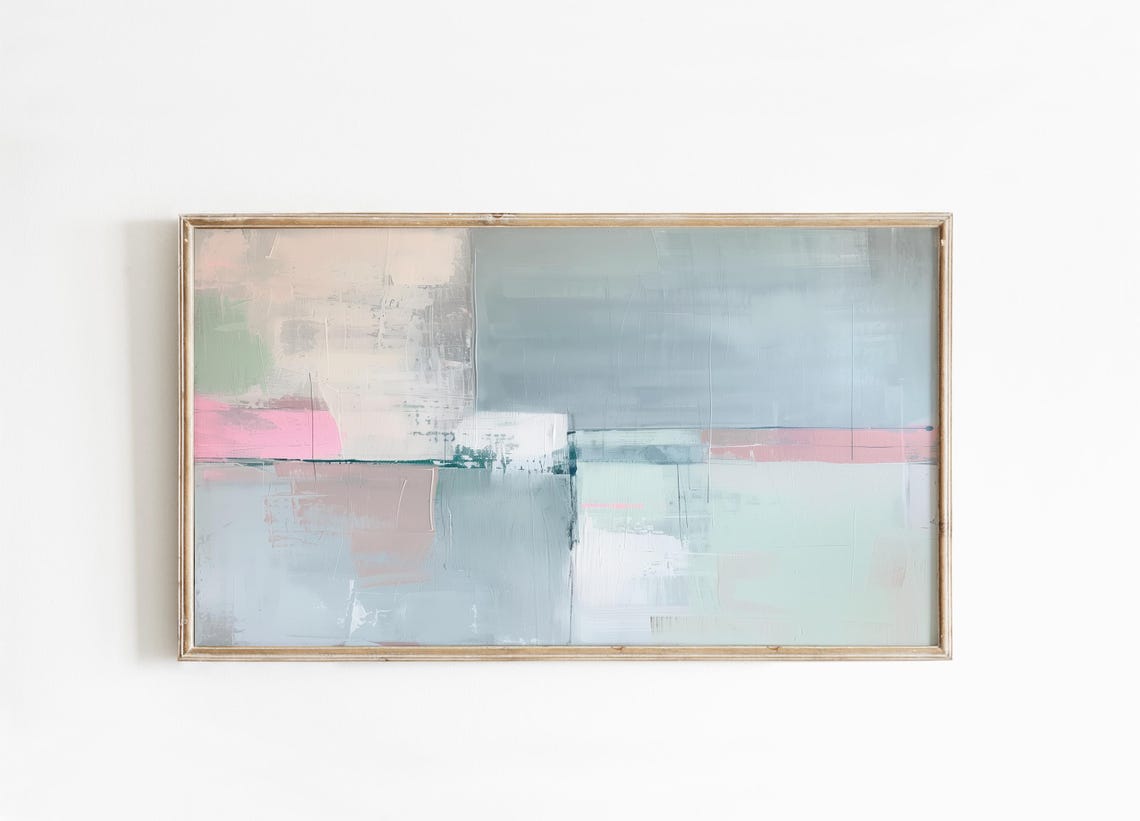 Minimal Gray Blue Abstract Painting With Soft Pink Stripe Art Poster