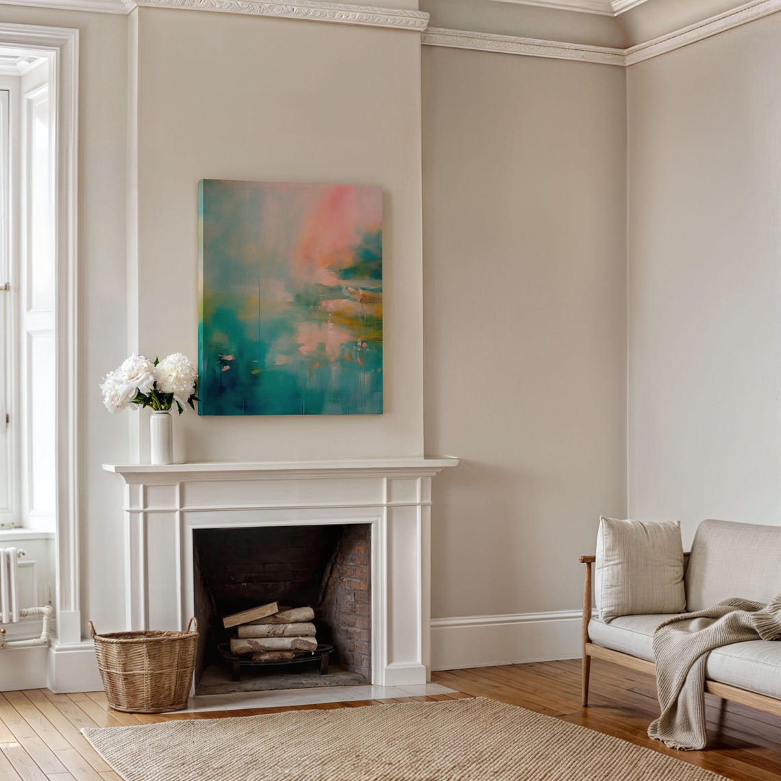 Teal Abstract Painting With Soft Pink Clouds And Paint Drips Poster - Image 5