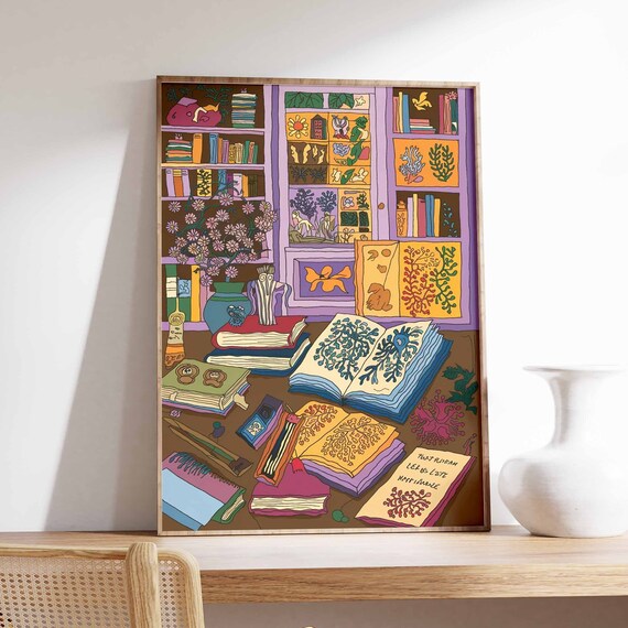 Book Lovers Poster of Magical Desk Scene with Stacks of Colorful Books