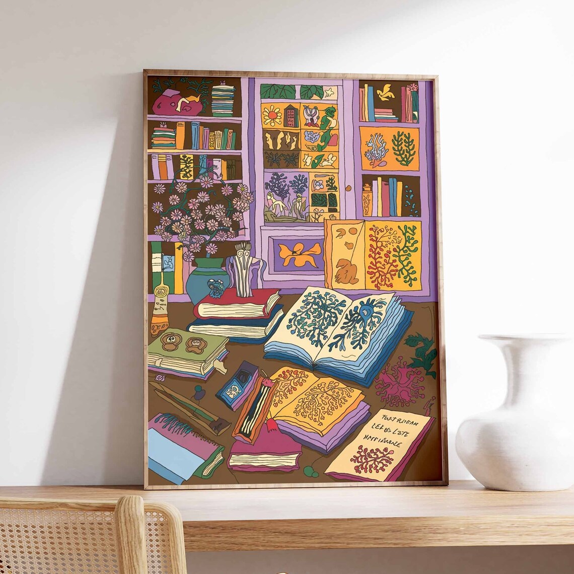 Book Lovers Poster of Magical Desk Scene with Stacks of Colorful Books