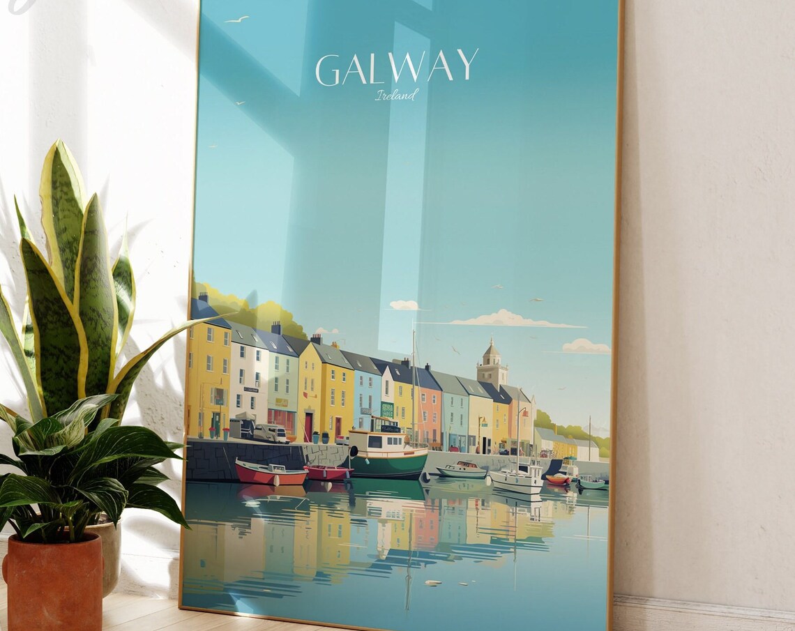 Galway Ireland Colorful Harbor Waterfront Boats Travel Poster Art