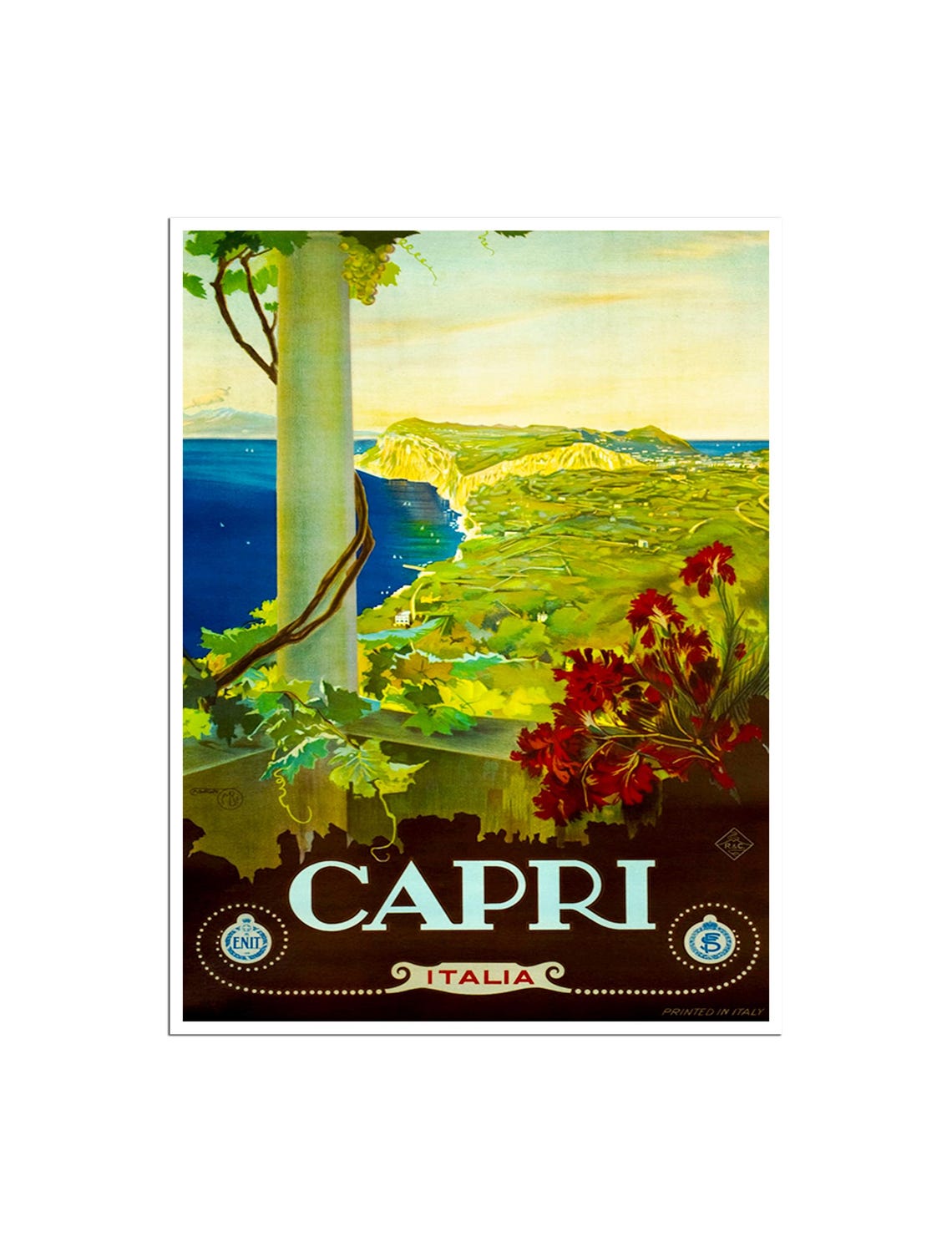 Capri Italia Vintage Travel Poster Coastal Cliff Grapevine Sunset