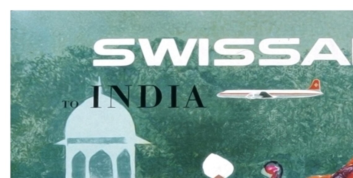 Swissair to India Vintage Airline Poster Elephant Rider Palace Art - Image 2
