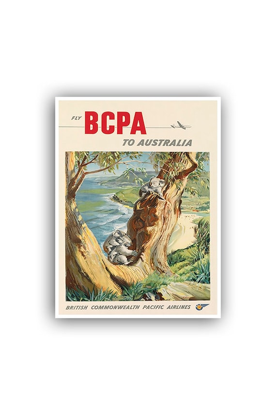 BCPA Australia Koala Bears Gum Tree Retro Airline Travel Poster