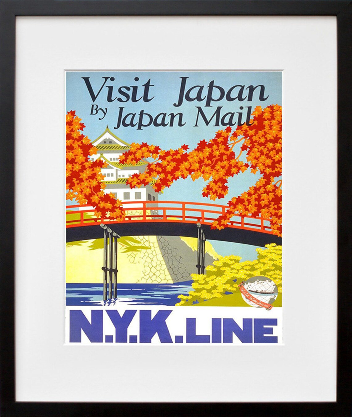 Visit Japan Castle Red Bridge Autumn NYK Line Vintage Travel Poster