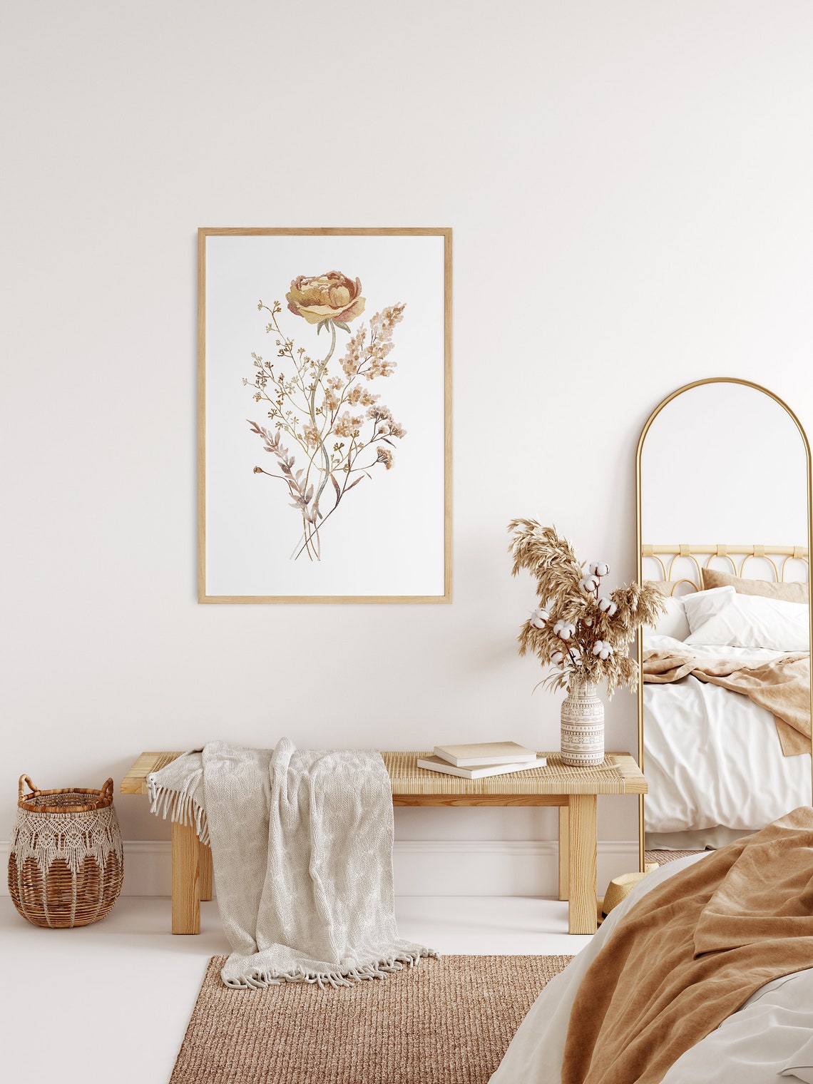 Beige Wildflower Bouquet Watercolor Neutral Botanical Art Poster - Image 2
