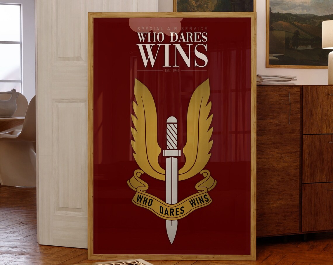 Special Air Service Who Dares Wins Winged Dagger Red Motto Poster
