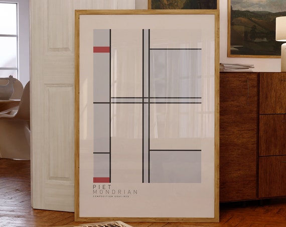 Piet Mondrian Composition With Gray And Red Artwork Abstract Home Decor Print Minimalist Wall Art Gift