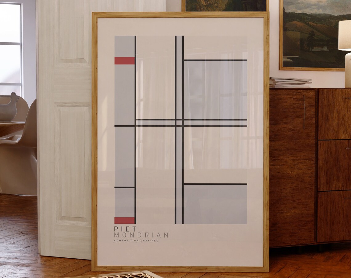 Piet Mondrian Composition Gray Red Vertical Grid Minimalist Art Poster