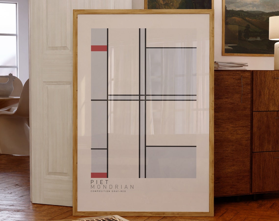 Piet Mondrian Composition With Gray And Red Artwork Abstract Home Decor Print Minimalist Wall Art Gift