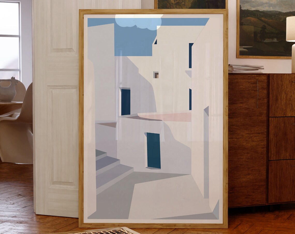 Aegean White Houses Blue Doors Mediterranean Steps Modern Art Poster