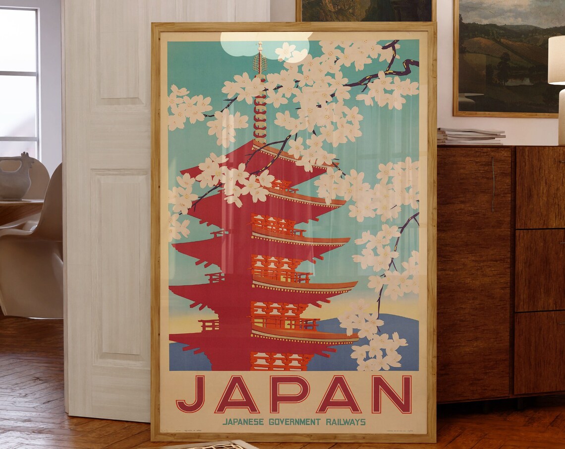 Japan Japanese Government Railways Pagoda Cherry Blossom Poster