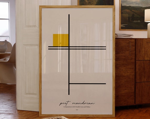 Piet Mondrian Composition With Double Line And Yellow 1932 Artwork Abstract Home Decor Print Minimalist Wall Art Gift