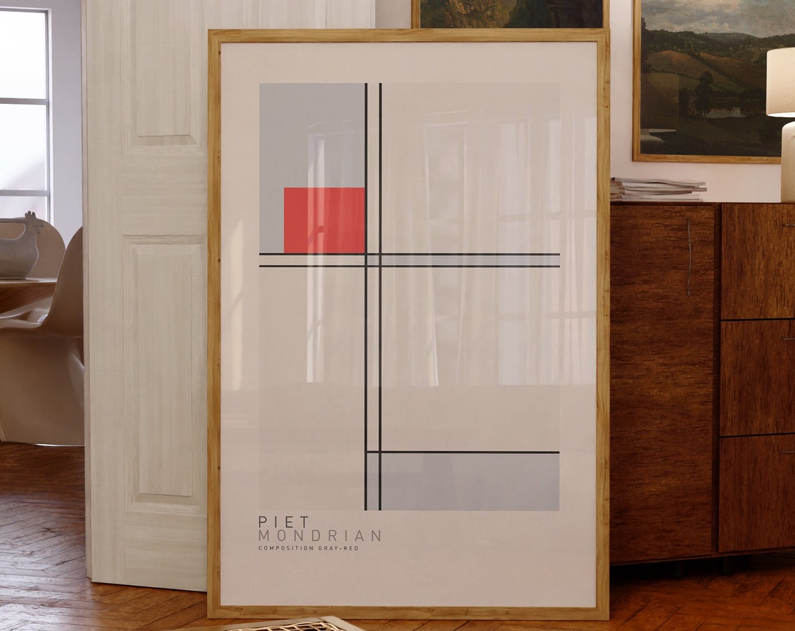 Piet Mondrian Composition With Gray And Red Artwork Abstract Home Decor Print Minimalist Wall Art Gift