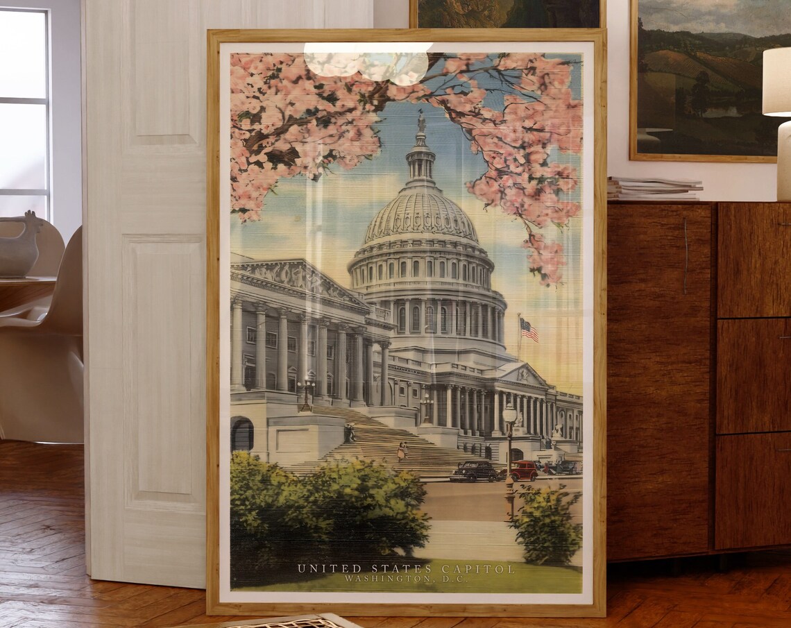 United States Capitol Washington DC Cherry Blossom Vintage Poster
