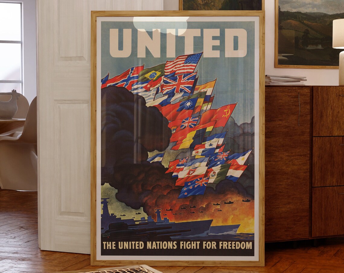 United Nations Fight For Freedom WWII Allied Flags Warship Poster