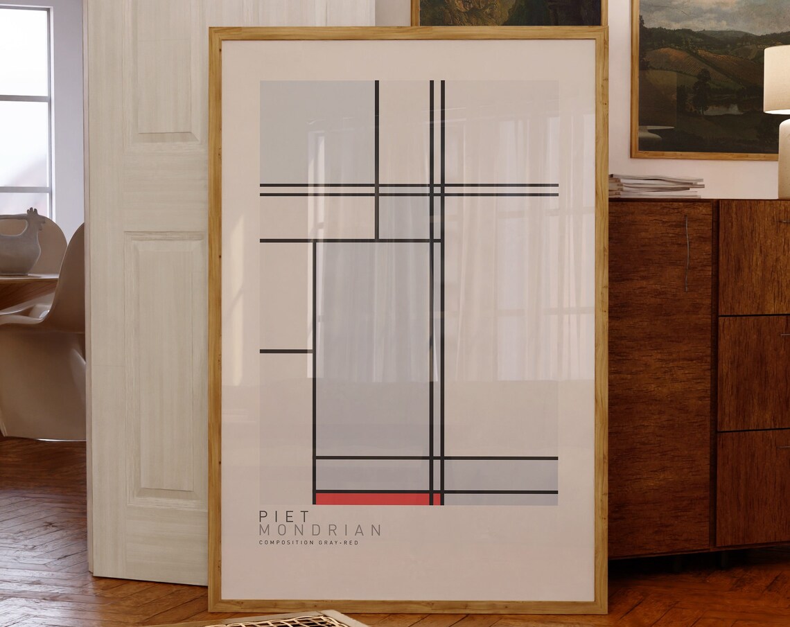 Piet Mondrian Composition Gray Red Grid Abstract Geometric Art Poster