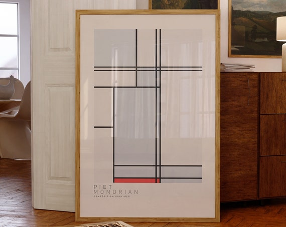 Piet Mondrian Composition With Gray And Red Artwork Abstract Home Decor Print Minimalist Wall Art Gift