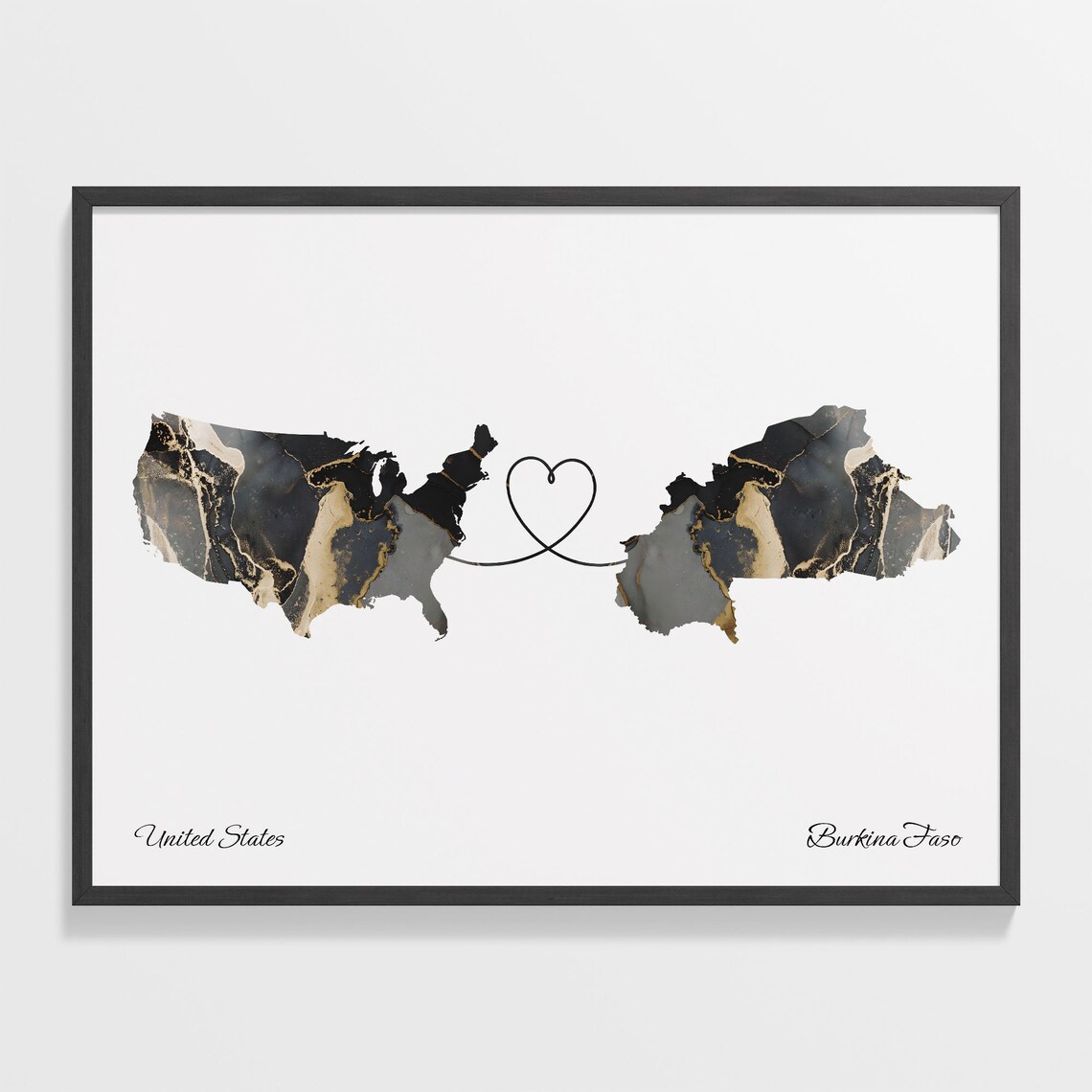 United States and Burkina Faso Black Marble Heart Connection Map Poster