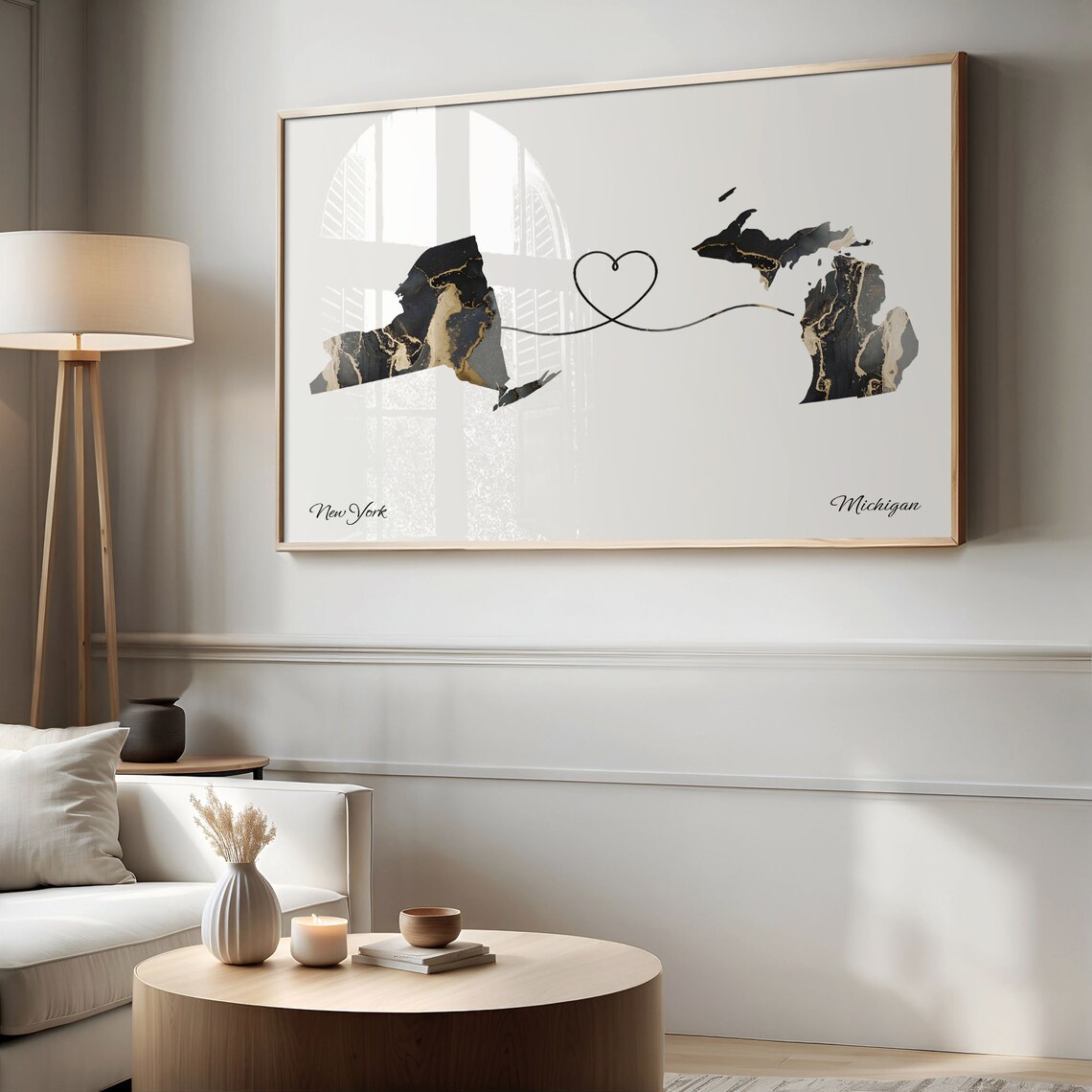 New York to Michigan Long Distance Love Marble Map Art Poster - Image 2