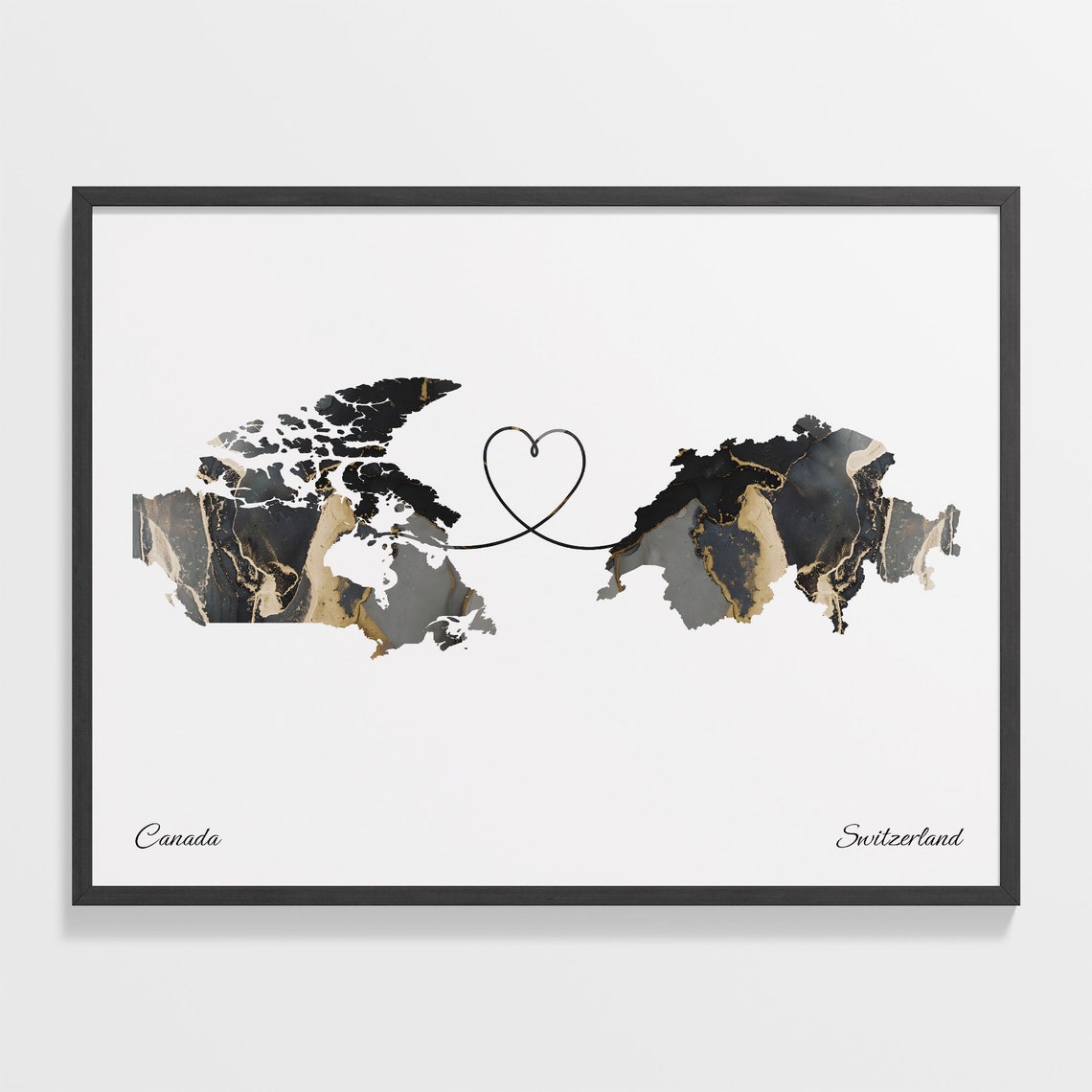 Canada and Switzerland Two Countries Black Gold Marble Map Poster