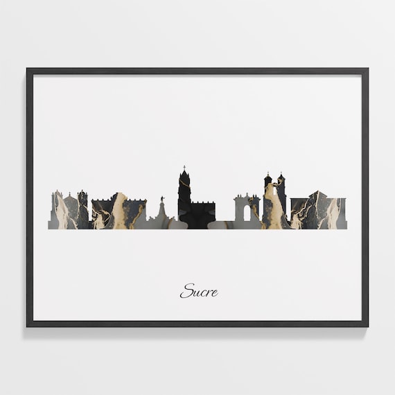 Sucre Luxury Black Gold Marble City Skyline Silhouette Poster