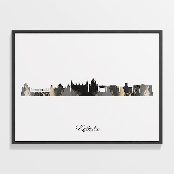 Kolkata India Black Gold Marble Skyline Bridge Silhouette Poster