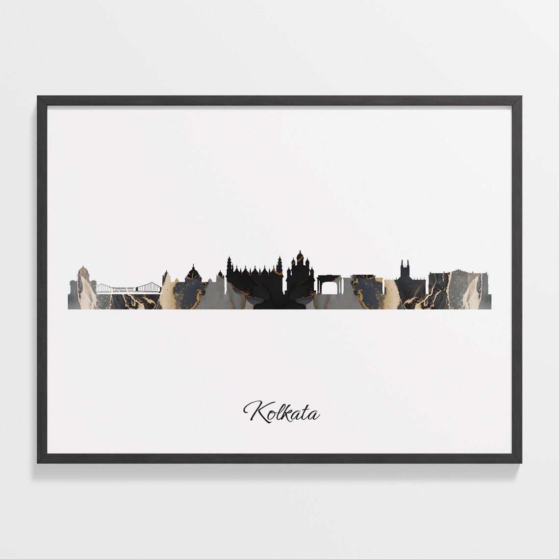 Kolkata India Black Gold Marble Skyline Bridge Silhouette Poster
