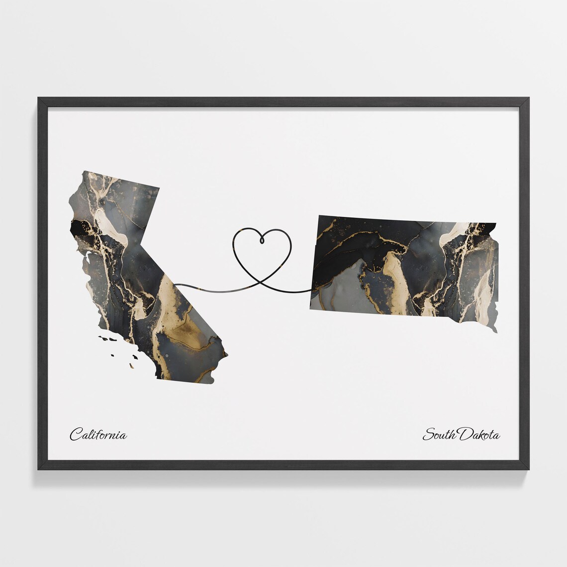 California to South Dakota Black Gold Marble Map Heart Line Art Poster