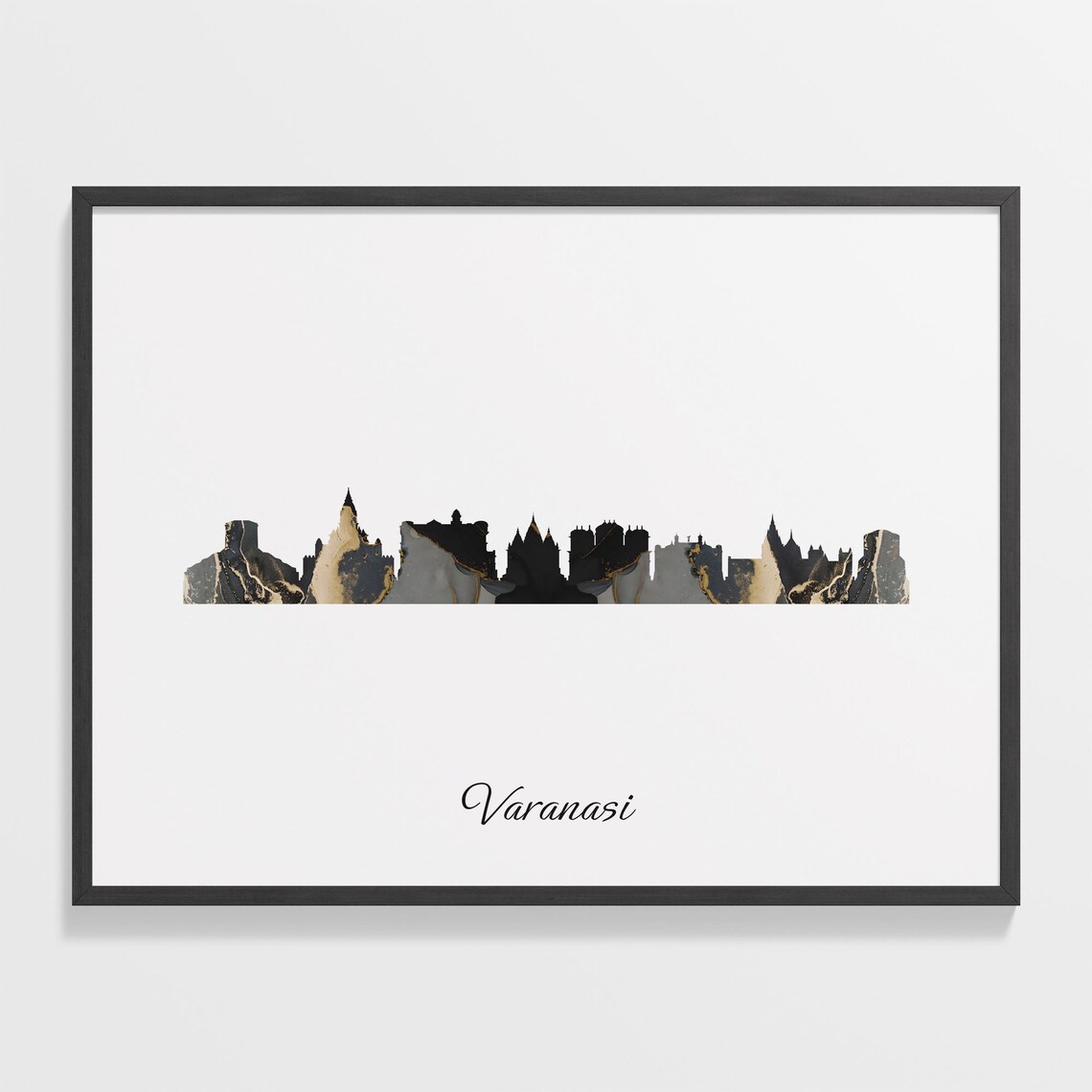 Varanasi India Black and Gold Marble Skyline Silhouette Art Poster