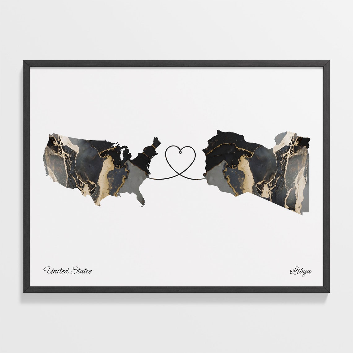 United States and Libya Marble Heart Map Long Distance Poster