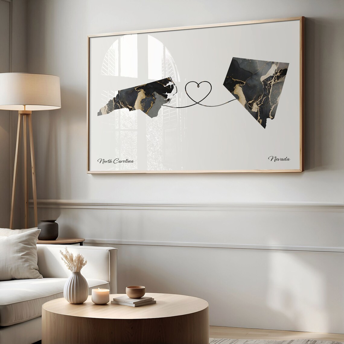 North Carolina to Nevada Two State Long Distance Heart Marble Map Poster - Image 2
