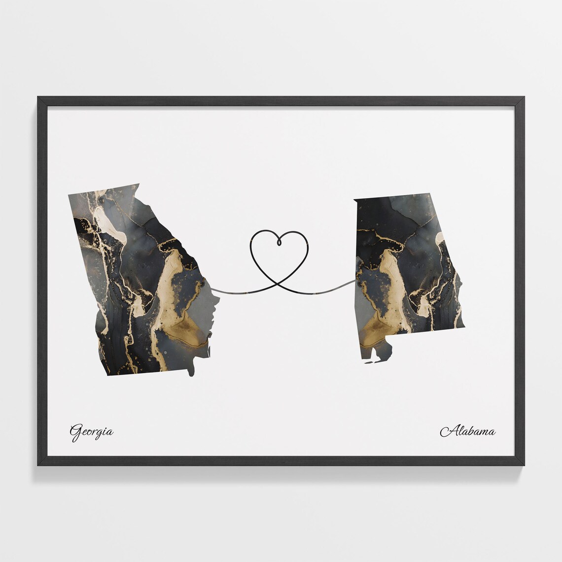 Georgia to Alabama Black Marble State Map Long Distance Love Poster