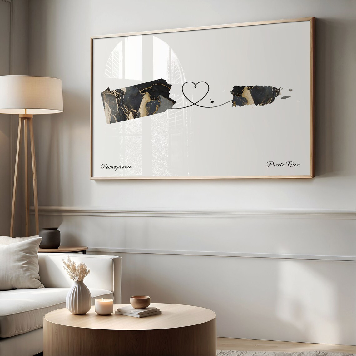 Pennsylvania to Puerto Rico Black Gold Marble Map Heart Connection Poster - Image 2