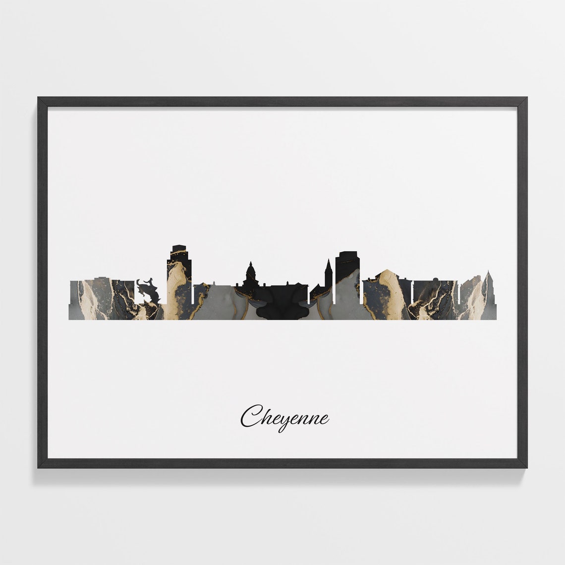 Cheyenne Black Marble Skyline Silhouette Poster Modern Cityscape Art