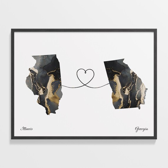 Illinois to Georgia Black Gold Marble Map Heart Connection Poster