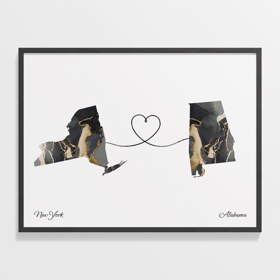 New York to Alabama Marble State Map Heart Long Distance Connection Poster