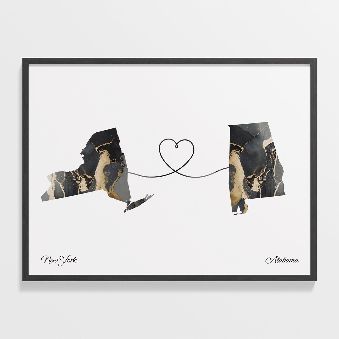 New York to Alabama Marble State Map Heart Long Distance Connection Poster