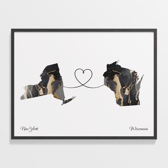 New York Wisconsin Marble State Map Poster Heart Line Long Distance Gift