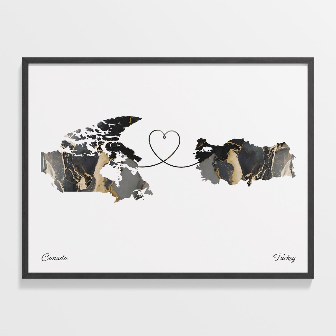 Canada to Turkey Black Gold Marble Heart Connection Map Poster