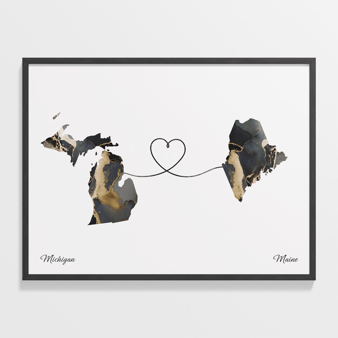 Michigan to Maine Black Marble State Map Long Distance Love Poster