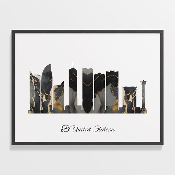 Busan South Korea Black Gold Marble Skyline Silhouette City Print
