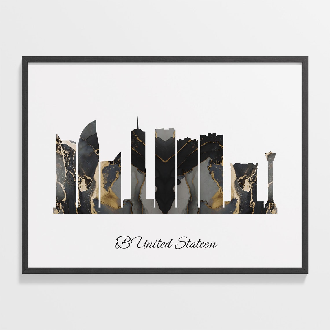 Busan South Korea Black Gold Marble Skyline Silhouette City Print