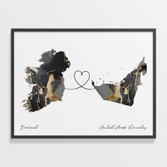 Ireland and United Arab Emirates Black and Gold Marble Two Countries Map Poster