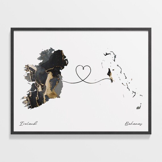 Ireland and Bahamas Black Gold Marble Map Heart Connection Poster