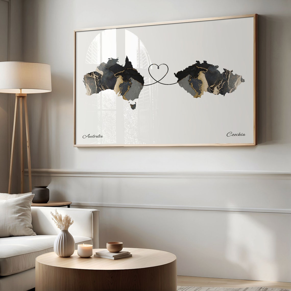 Australia and Czechia Black Marble Heart Connection Map Poster - Image 2