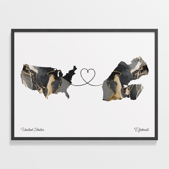United States and Djibouti Black Marble Heart Connection Map Poster