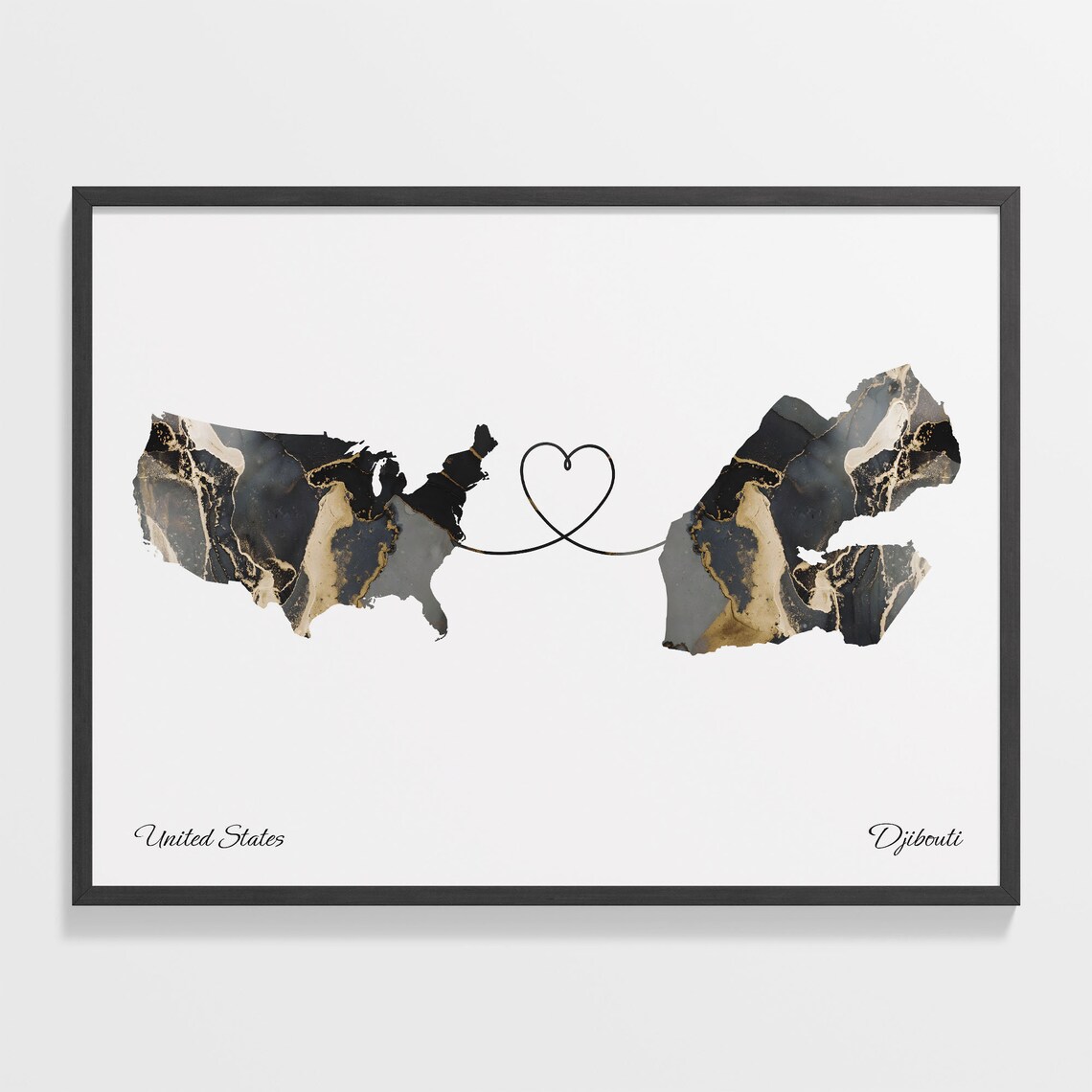 United States and Djibouti Black Marble Heart Connection Map Poster